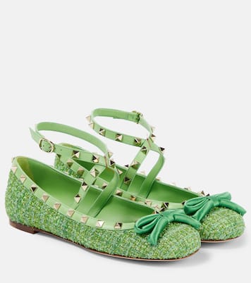 Ballerinas Rockstud aus Bouclé mit Leder | Valentino Garavani