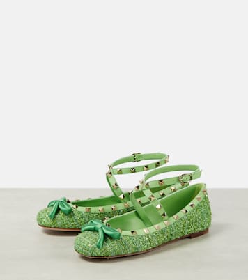 Ballerinas Rockstud aus Bouclé mit Leder | Valentino Garavani