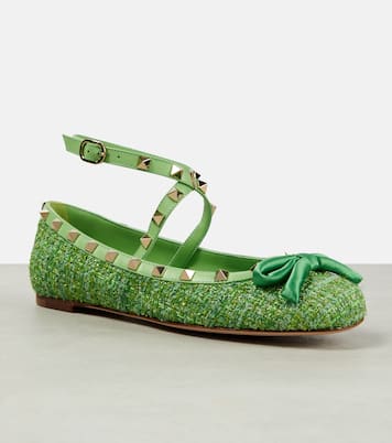 Ballerinas Rockstud aus Bouclé mit Leder | Valentino Garavani