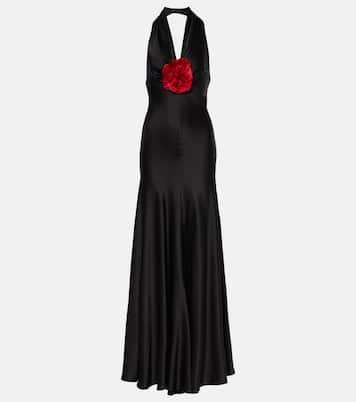 Vestido largo de satén de seda con aplique floral | Rodarte