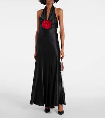 Vestido largo de satén de seda con aplique floral | Rodarte