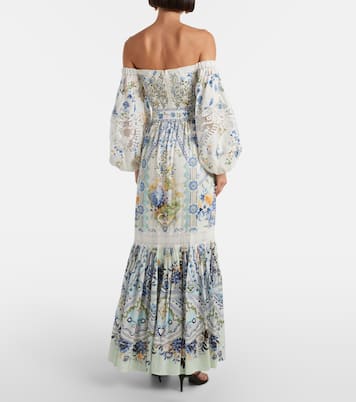 花卉露肩亚麻与真丝加长连衣裙 | Camilla