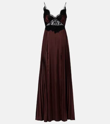 Lace-trimmed pleated satin maxi dress | Self-Portrait