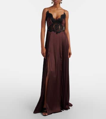 Lace-trimmed pleated satin maxi dress | Self-Portrait