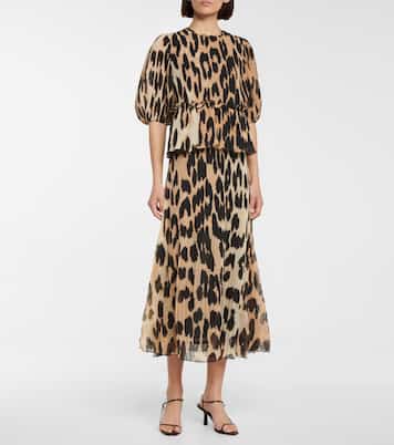 Leopard-print pleated georgette top | Ganni