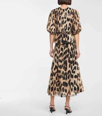Leopard-print pleated georgette top | Ganni