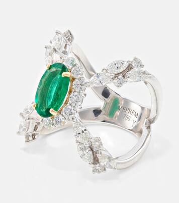 Anello Reign Supreme in oro bianco 18kt con diamanti e smeraldi | Yeprem