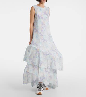 Abito lungo asimmetrico in seta con stampa floreale | Loewe