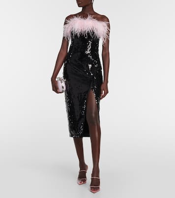 Feather-trimmed sequined midi dress | Self-Portrait