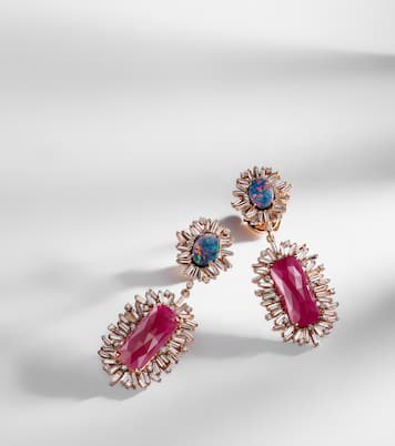 Boucles d'oreilles One of a Kind en or rose 18 ct, diamants, rubis et opale | Suzanne Kalan