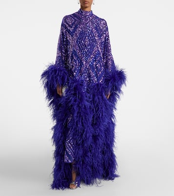 Caftán Casta Diva Follies de tul con lentejuelas y plumas | Taller Marmo