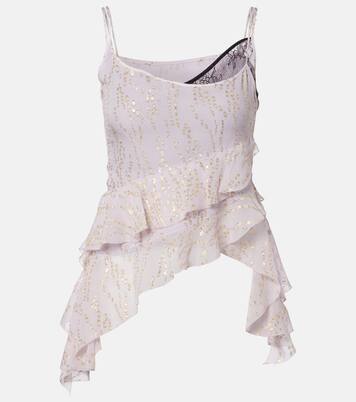 印花荷叶边不对称真丝混纺上衣 | Jacques Wei