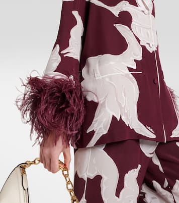 Printed feather-trimmed silk crêpe de chine blouse | Valentino