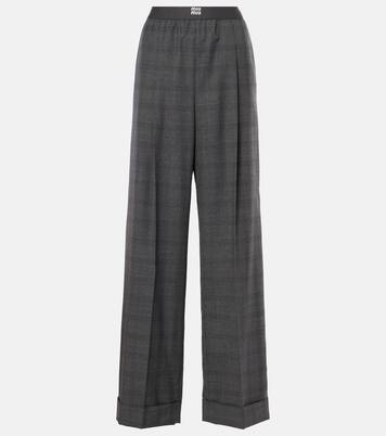 Checked wool grain de poudre wide-leg pants | Miu Miu