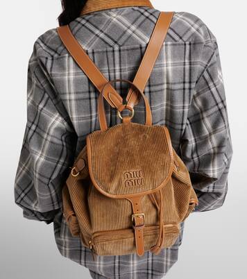 Leather-trimmed corduroy backpack | Miu Miu