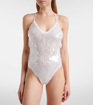 Fara sequined semi-sheer mesh bodysuit | Norma Kamali