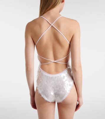 Fara sequined semi-sheer mesh bodysuit | Norma Kamali