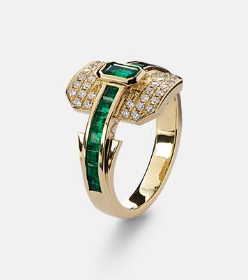 Bague Shield en or 18 ct, diamants et émeraudes | Rainbow K