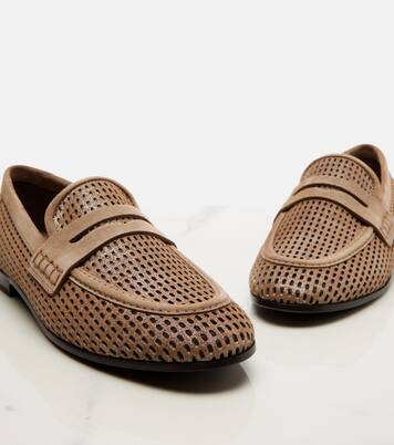 Perforated suede-trimmed leather penny loafers | Brunello Cucinelli