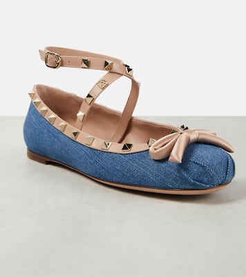 Rockstud leather-trimmed denim ballet flats | Valentino Garavani