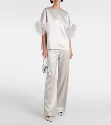 Feather-trimmed silk satin top | Valentino