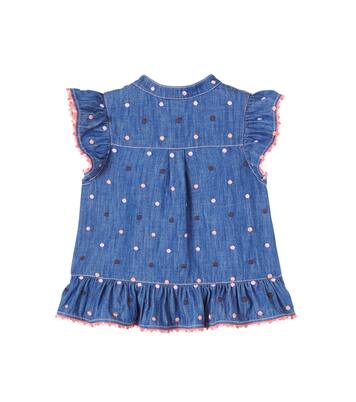 Embroidered polka-dot ruffled denim top | Zimmermann Kids