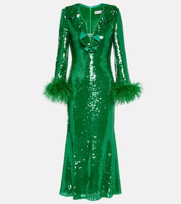 Feather-trimmed sequined midi dress | Self-Portrait