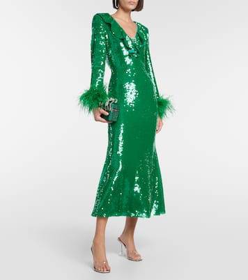 Feather-trimmed sequined midi dress | Self-Portrait