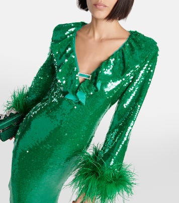 Feather-trimmed sequined midi dress | Self-Portrait
