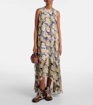 Robe longue asymétrique en soie à fleurs | Loewe