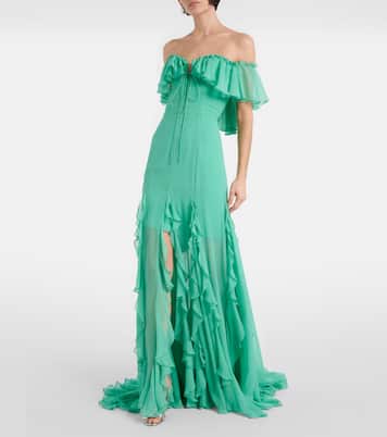 Off-shoulder corset silk gown | Costarellos