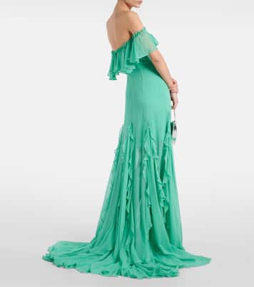 Off-shoulder corset silk gown | Costarellos