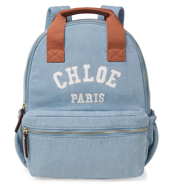 Logo leather-trimmed denim backpack | Chloé Kids