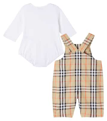 Baby cotton baseball cap, bodysuit, and overalls set | Burberry Kids