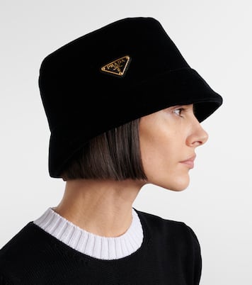 Logo cotton velvet bucket hat | Prada