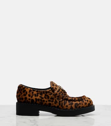 Chocolate leopard-print calf hair loafers | Prada