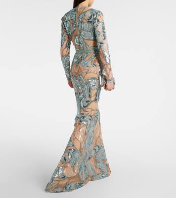 Abito lungo in misto seta con paillettes | Elie Saab