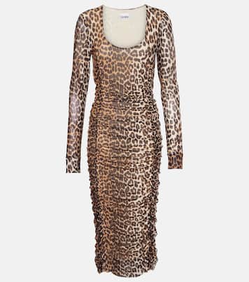 Leopard-print ruched mesh midi dress | Ganni