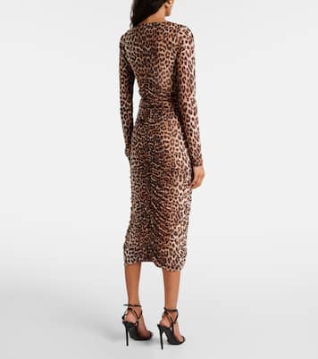 Leopard-print ruched mesh midi dress | Ganni