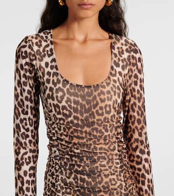 Leopard-print ruched mesh midi dress | Ganni