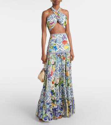 Falda larga de seda floral a capas | Camilla