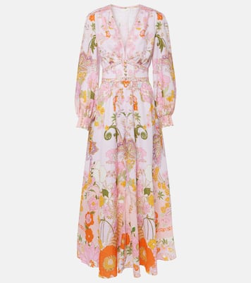 Vestido largo de lino floral adornado | Camilla