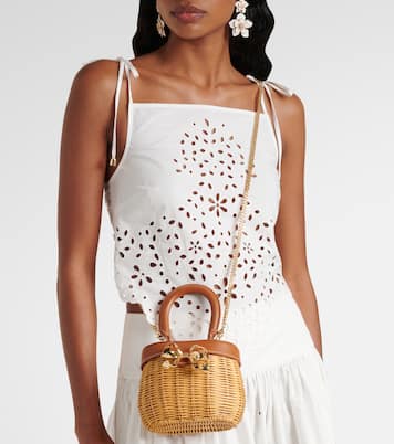 Bow leather-trimmed rattan basket bag | Self-Portrait