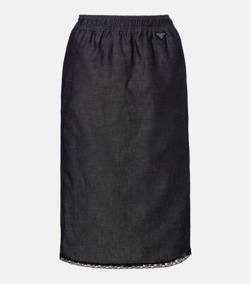 Lace-trimmed cotton and linen midi skirt | Prada