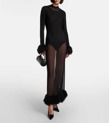 Abito lungo in mesh con piume sintetiche | Marine Serre