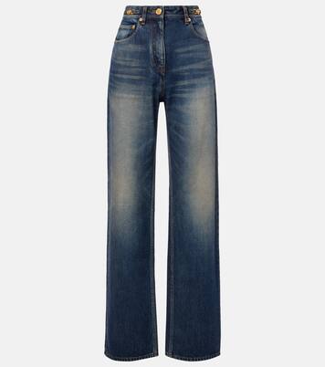 Jeans anchos de tiro alto con efecto desgastado | Versace