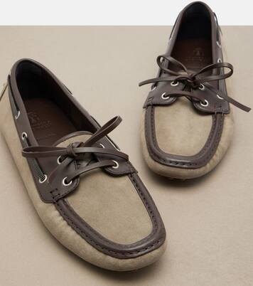 Monili leather-trimmed suede boat shoes | Brunello Cucinelli