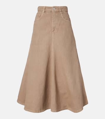 Cotton and linen denim midi skirt | Brunello Cucinelli