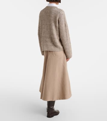 Cotton and linen denim midi skirt | Brunello Cucinelli