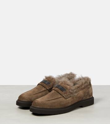 Monili shearling-trimmed suede loafers | Brunello Cucinelli
